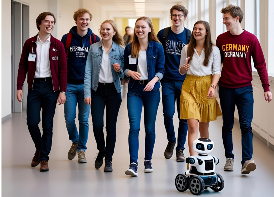 Eine Gruppe fröhlicher Studierender schlendert über einen Gang in der Hochschule. Vor ihnen fährt ein kleiner Roboter