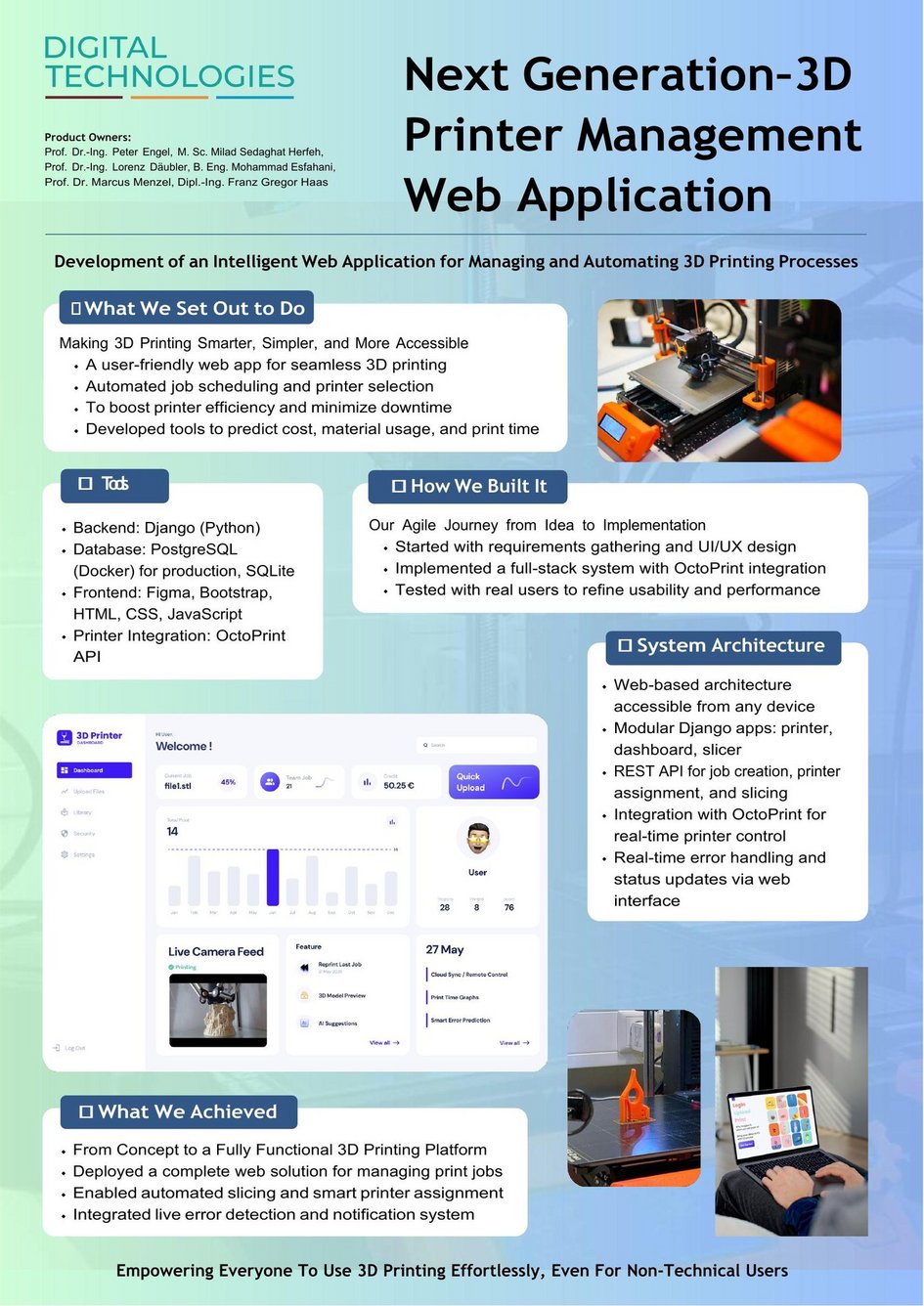 Projektposter Nxt3DP – Web-Anwendung zur Verwaltung und Automatisierung von 3D-Druckprozessen