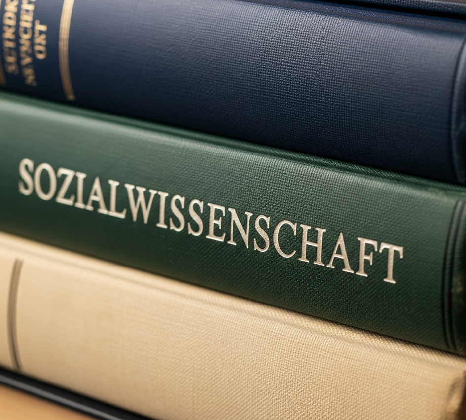 Nahaufnahme eines Stapels gebundener Bücher, bei dem das mittlere, dunkelgrüne Buch im Fokus steht. Auf dessen Buchrücken ist in weißen Buchstaben der Titel "SOZIALWISSENSCHAFT" deutlich zu lesen.