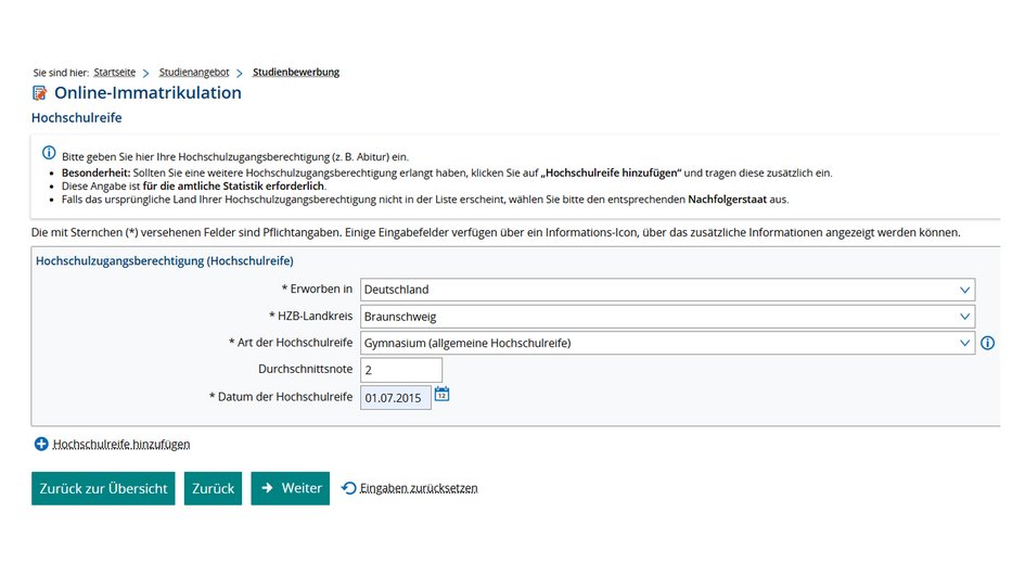 4. Bitte vervollständige die Angaben zu deiner Hochschulzugangsberechtigung und klicke auf "Weiter". 