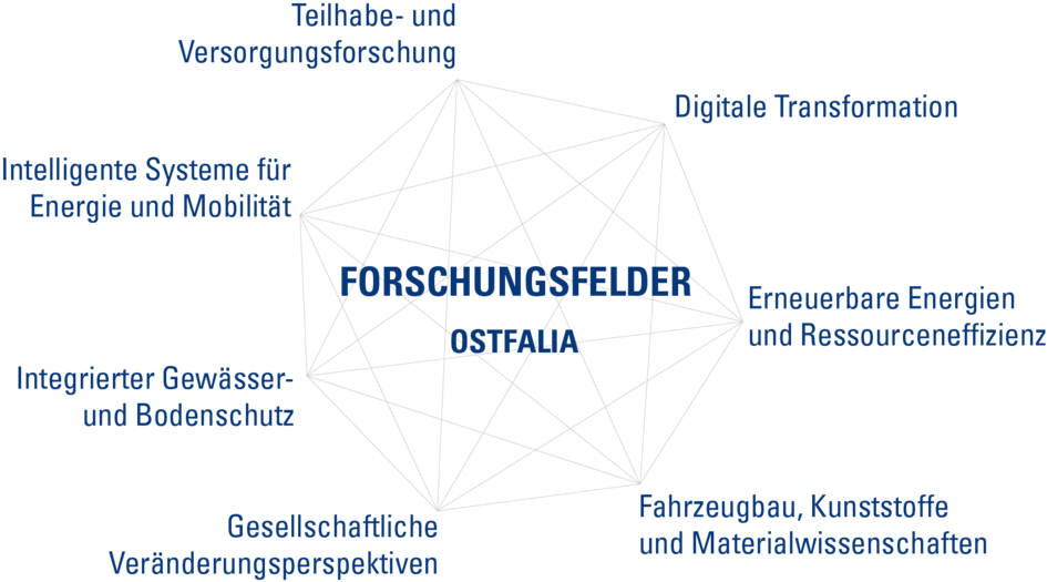 Grafik die folgende Forschungsfelder vernetzt: Teilhabe- und Versorgungsforschung, Digitale Transformation, Erneuerbare Energien und Ressourceneffizienz, Fahrzeugbau, Kunststoffe und Materialwissenschaten, Gesellschaftliche Veränderungsperspektiven, Integrierter Gewässer- und Bodenschutz, Intelligente Systeme für Energie und Mobilität.