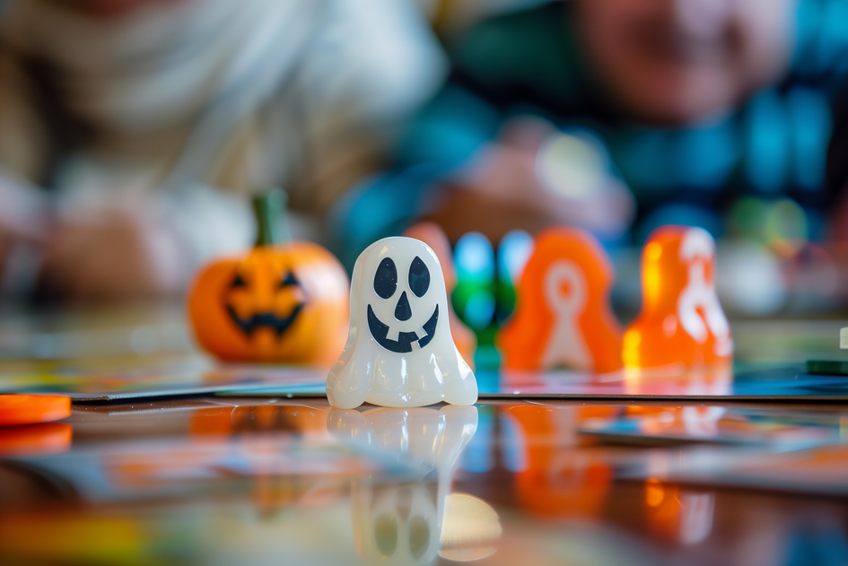 Brettspiel mit Halloween-Spielfiguren, die in Geister- und Kürbisform daherkommen.