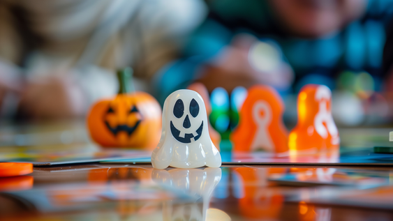 Brettspiel mit Halloween-Spielfiguren, die in Geister- und Kürbisform daherkommen. 