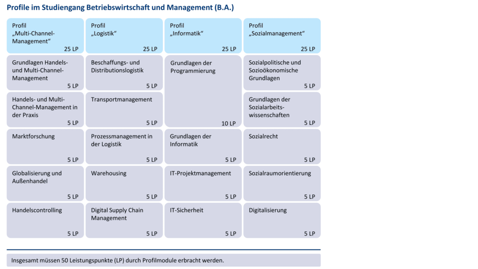 Dekorativ: Studienprofile in Betriebswirtschaft und Management mit vier Schwerpunkten: Multi-Channel-Management, Logistik, Informatik und Sozialmanagement, jeweils mit Kursen und Leistungspunkten aufgelistet. Textuelle Repräsentation direkt im Anschluss im Studienverlaufsplan zu finden. (öffnet Vergrößerung des Bildes)