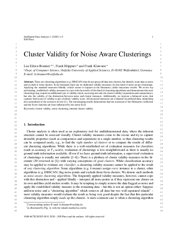 Title: Cluster validity for noise aware clusteringsAuthors: Lea Eileen Brauner, Frank Höppner, Frank Klawonn