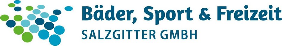 Schriftzug "Bäder, Sport & Freizeit Salzgitter GmbH"; links daneben mehrere Punkte in den Farben blau-grün