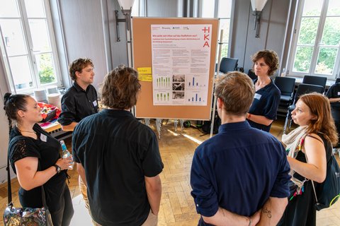 Foto einer Postersession: Eine Gruppe steht vor einer Stellwand auf der ein Plakat zu sehen ist. 