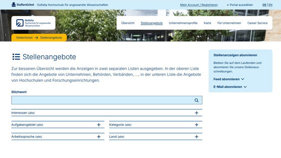 Screenshot der Webseite Stellenticket.Ostfalia.de