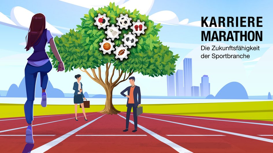 Eine animierte Grafik, die eine Laufbahn zeigt, auf der mehrere Menschen im Business-Outfit sowie ein Baum und im Hintergrund die Skyline einer Stadt zu sehen ist. Rechts oben steht "Karriere-Marathon. Die Zukunftsfähigkeit der Sportbranche"