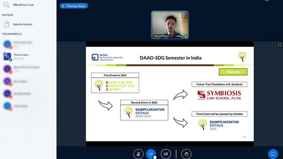 Screenshot of a BigBlueButton session: Thomas Nass can be seen above a presentation slide. The slide shows various tree-planting initiatives from 2023 to 2025.