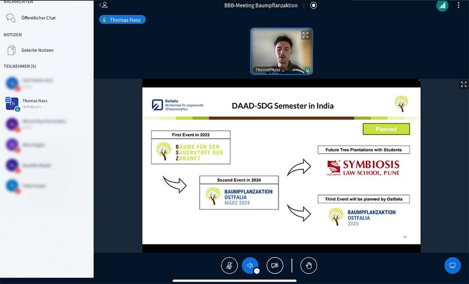 Screenshot of a BigBlueButton session: Thomas Nass can be seen above a presentation slide. The slide shows various tree-planting initiatives from 2023 to 2025.