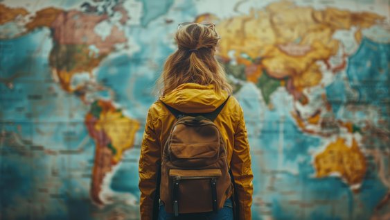 A woman with a rucksack in front of a map of the world