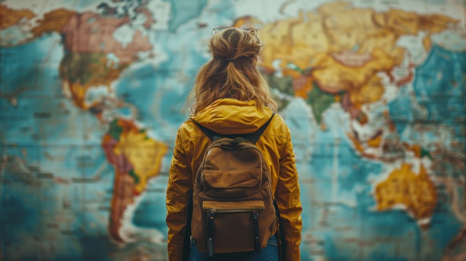 A woman with a rucksack in front of a map of the world