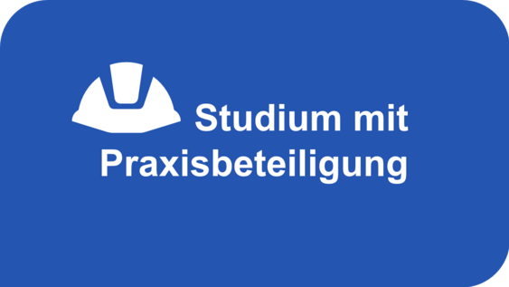 Blauer Hintergrund mit dem Wortlaut "Studium mit Praxisbeteiligung" in weiß und einem Bauhelm-Icon