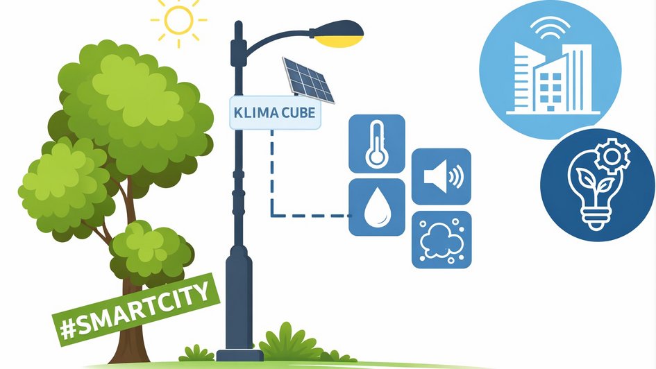 Das Bild zeigt symbolisch eine Straßenlaterne, an der ein Klima Cube zur Umweltdatenmessung befestigt ist. 