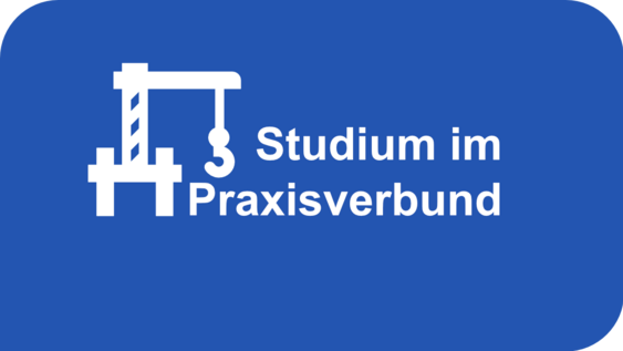 Blauer Hintergrund mit Wortlaut "Studium im Praxisverbund" in weiß mit Karn-Icon.