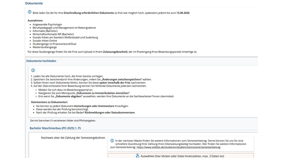 11. Bitte lade die zur Immatrikulation genannten Dokumente hoch (z.B. deine Hochschulzugangsberechtigung). Klicke auf "Weiter". Bitte beachte, dass die Maske mehr Felder enthält als auf dem Screenshot abgebildet.