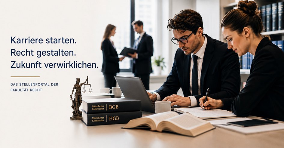 KI-generiertes Bild: Zwei Personen sitzen an einem Schreibtisch und arbeiten konzentriert. Vor ihnen liegt juristische Kommentarliteratur. Neben dem Bild steht der Schriftzug "Karriere starten. Recht gestalten. Zukunft verwirklichen. - Das Stellenportal der Fakultät Recht"