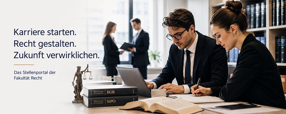 KI-generiertes Bild: Zwei Personen sitzen an einem Schreibtisch und arbeiten konzentriert. Vor ihnen liegt juristische Kommentarliteratur. Neben dem Bild steht der Schriftzug "Karriere starten. Recht gestalten. Zukunft verwirklichen. - Das Stellenportal der Fakultät Recht"