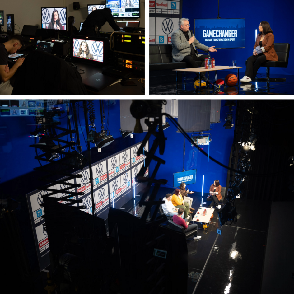 Collage aus drei Fotos. Oben links: Blick in die Regie. Oben rechts: Moderatorin und Referent auf der Bühne. Unten: Blick von oben auf das Studio