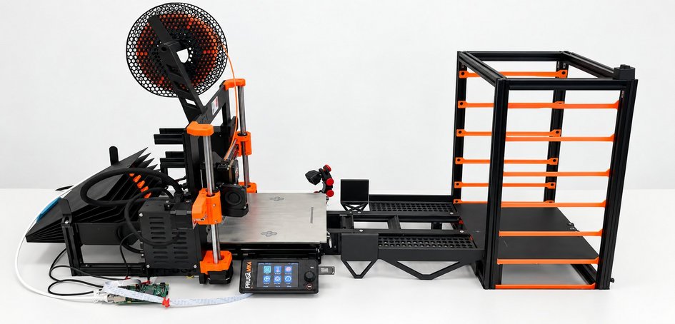 JobOx-Regalsystem mit 3D-Drucker – Puffer- und Übergabestation für Druckplatten