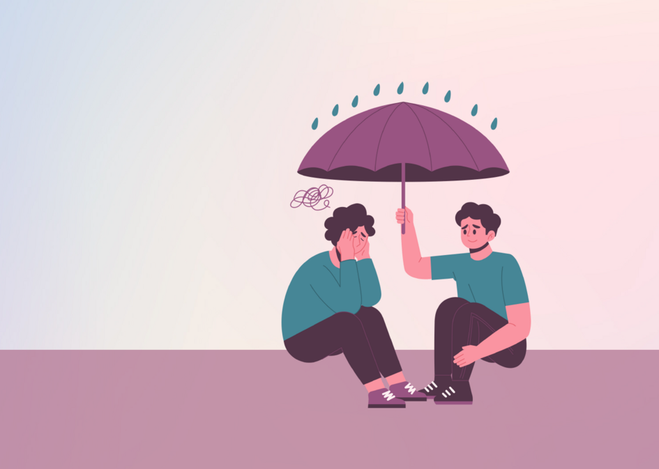 Eine Person hält einer anderen einen schützenden Schirm über den Kopf