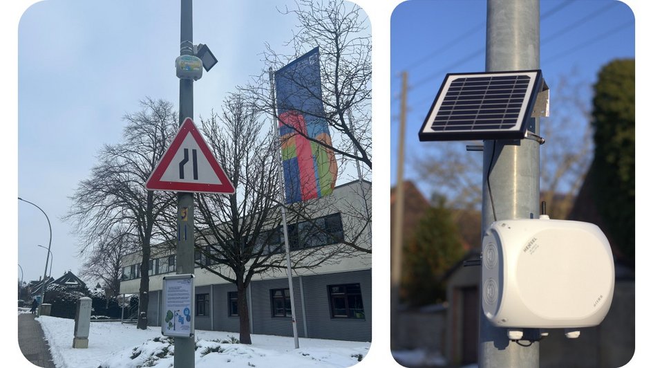 Das Bild zeigt Solarpanel und Klima Cube an einer Straßenlaterne. 