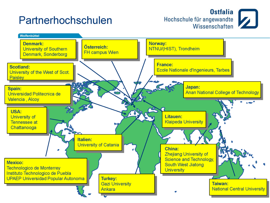 Auf dem Bild ist eine Karte der Welt zu sehen auf der die Partnerhochschulen eingezeichnet sind. Bild dient nur zur Dekoration. (öffnet Vergrößerung des Bildes)