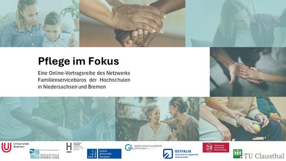Die Illustration stellt verschiedene Pflegesituationen dar und bildet die Logos aller beteiligten Hochschulen ab.