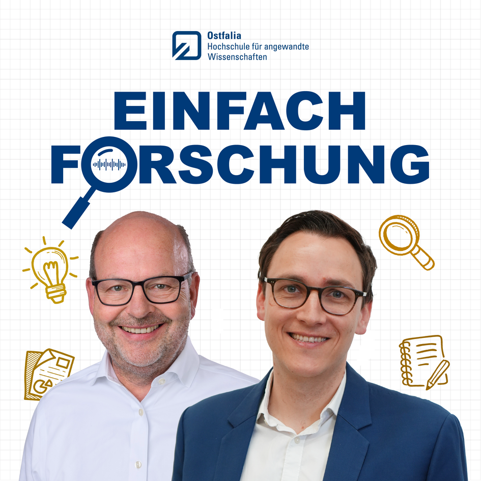 Cover of the Ostfalia podcast "Einfach Forschung": The podcast host Prof Dr Heinz-Dieter Quack (left) and his podcast guest Prof Dr Felix Miedaner.