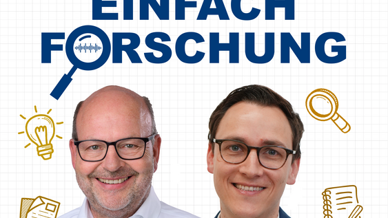Cover des Ostfalia-Podcasts "Einfach Forschung": Darauf sieht man den Podcast-Host Prof. Dr. Heinz-Dieter Quack (links) und seinen Podcast-Gast Prof. Dr. Felix Miedaner.