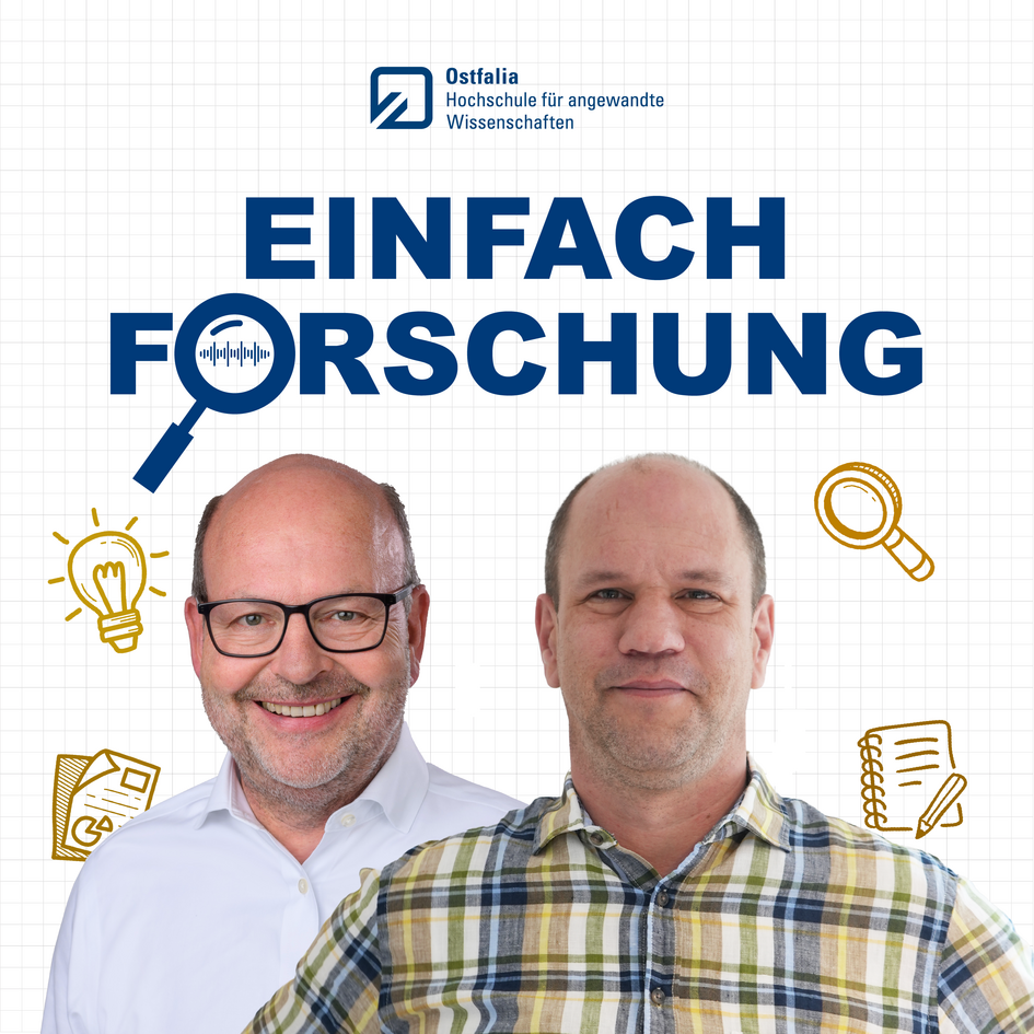 Cover des Ostfalia-Podcasts "Einfach Forschung". Dieser wird von Prof. Dr. Heinz-Dieter Quack (links) moderiert. Zu Gast ist in dieser Folge zum Thema "Neurodiversität in der Lehre" Prof. Dr. Hendrik Ernst.