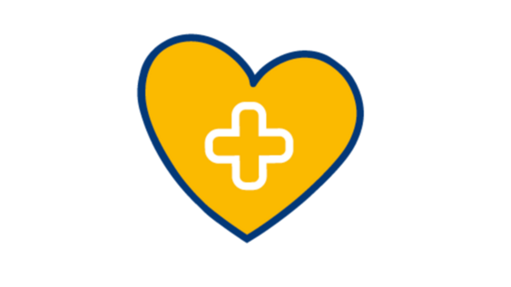 Ein gelbes Herz mit einem Pluszeichen in der Mitte als Symbol für das Gesundheitsmanagement.