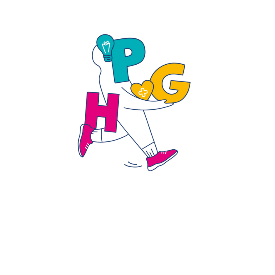 Keyvisual der zentralen Serviceeinrichtung Personalentwicklung, Gesundheitsmanagement und Hochschulsport. Eine Figur mit einer petrolfarbenen Glühbirne, einem gelben Herz und pinken Turnschuhen. (öffnet Vergrößerung des Bildes)