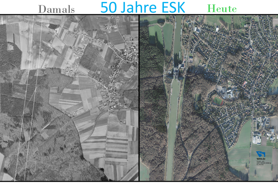 Collage historische und heutige Luftansicht des Elbe-Seitenkanals