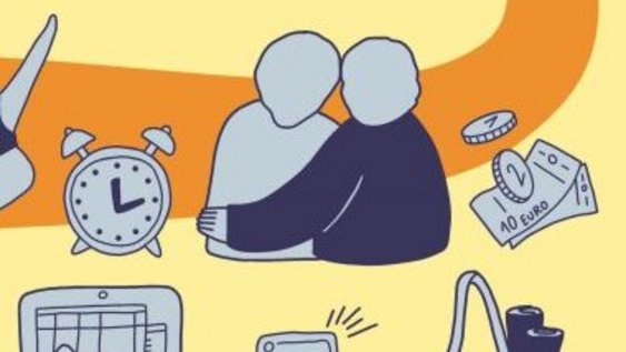 Abbildungen aus dem Lebensalltag, Wäschekorb, Wecker, Laptop, Einkaufstasche, Meschen, die sich gegenseitig unterstützen