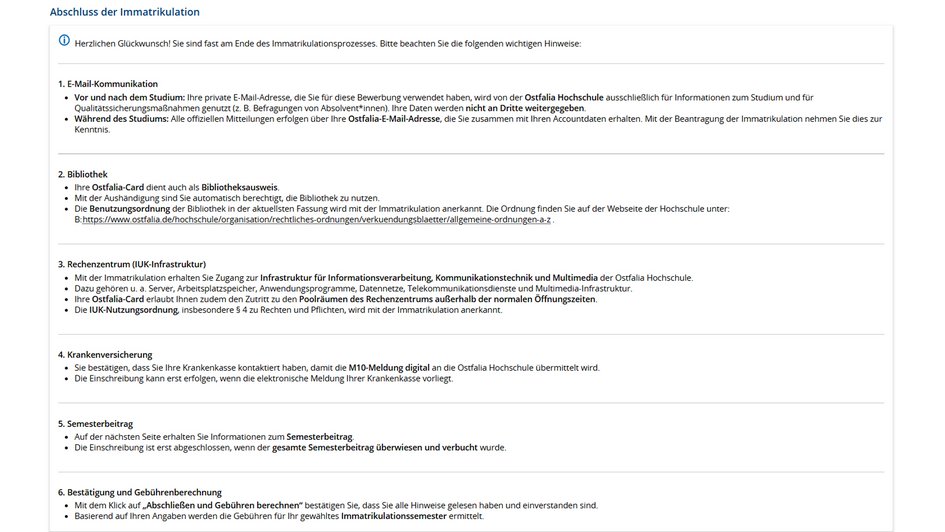 12. Bitte beachte die Informationen zum Abschluss deiner Immatrikulation und klicke auf "Abschließen und Gebühren berechnen".