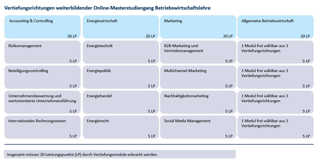 Tabellarische Übersicht der wählbaren Vertiefungsmodule mit Zuordnung zu den Studiensemestern. Die Informationen sind unter Studienverlaufsplan in detaillierter Beschreibung verfügbar. (öffnet Vergrößerung des Bildes)