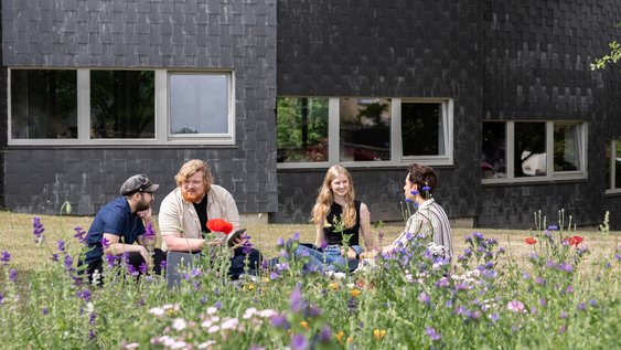 Studierende entspannenauf der Wiese vor der Aula der Ostfalia Hochschule für angewandte Wissenschaften am Campus Wolfenbüttel.