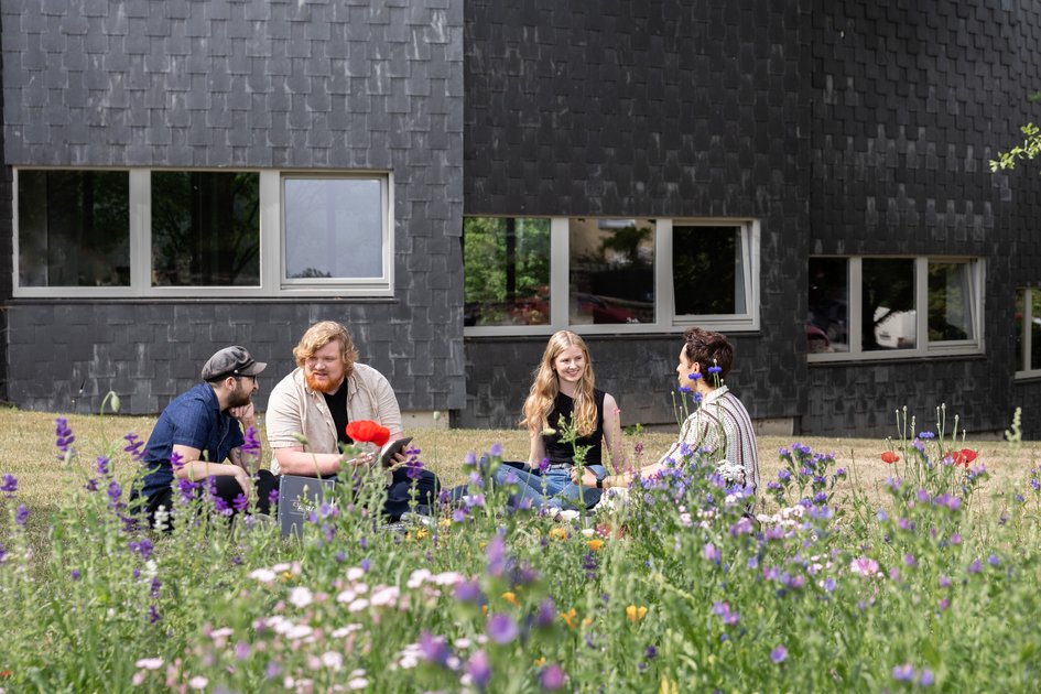 Studierende entspannenauf der Wiese vor der Aula der Ostfalia Hochschule für angewandte Wissenschaften am Campus Wolfenbüttel.