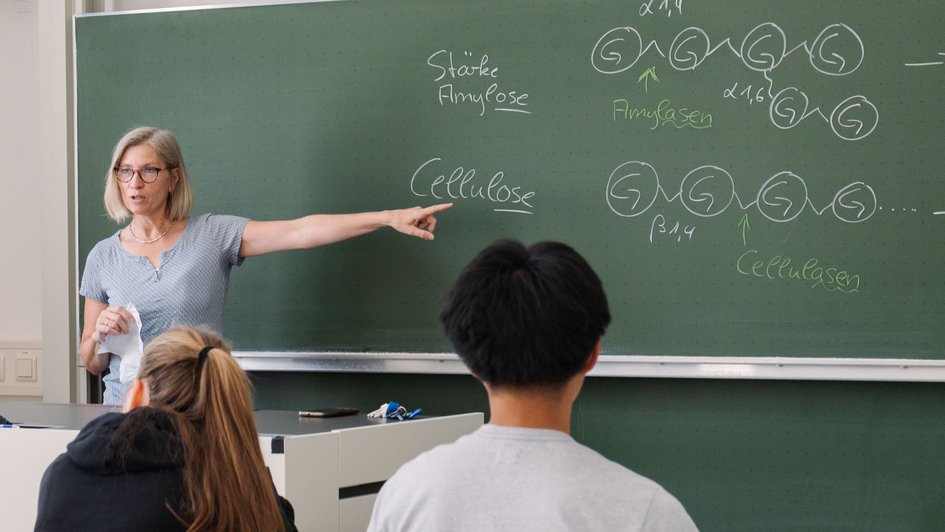 Schüler*innen schauen zur Tafel. Prof. Dr. rer. nat. Elke Wilharm zeigt auf die Tafel. Das Thema ist: Zu schade zum Verbrennen – mit Restmüll zukünftig Öl ersetzen.