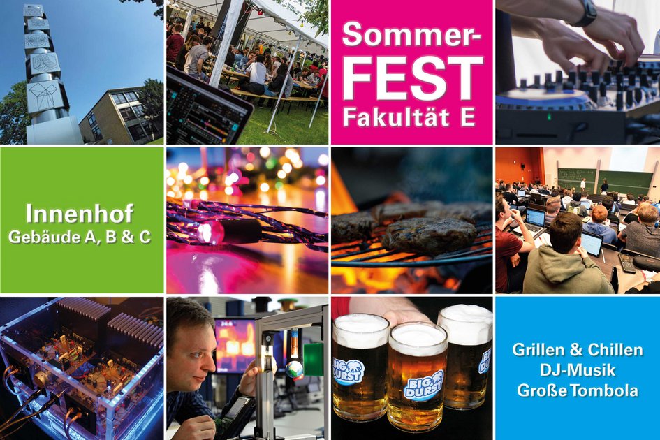 Bildergalerie: Säule vor der Ostfalia, Pavillon mit Feiernden, Mischpult, Lichtkette, Fleisch auf einem Grill, Studierende im Hörsaal, Verstärker, 3 Krüge mit Bier