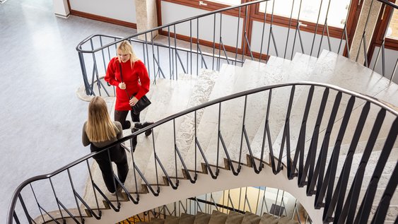 Two people are talking on the steps of a long, curved staircase., Buntes Puzzle