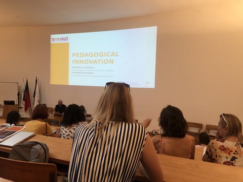 Personen sind von hinten zu sehen, wie sie in einem kleinen Vorlesungssaal eine Präsentation verfolgen. Die Leinwand liest "Pedagogical Innovation" (öffnet Vergrößerung des Bildes)