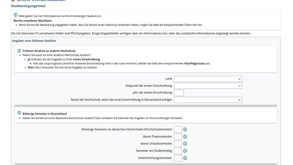 5. Bitte vervollständige die Angaben zu deiner Studienvergangenheit und klicke auf "Weiter". Hinweis: Wenn du noch nicht an einer Hochschule immatrikuliert warst, lässt du einfach alle Felder frei.