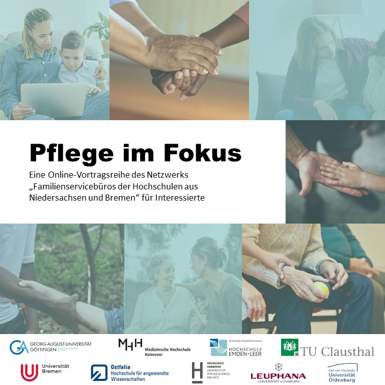 Veranstaltungsflyer mit Bildern aus verschiedenen Pflegesituationen.
