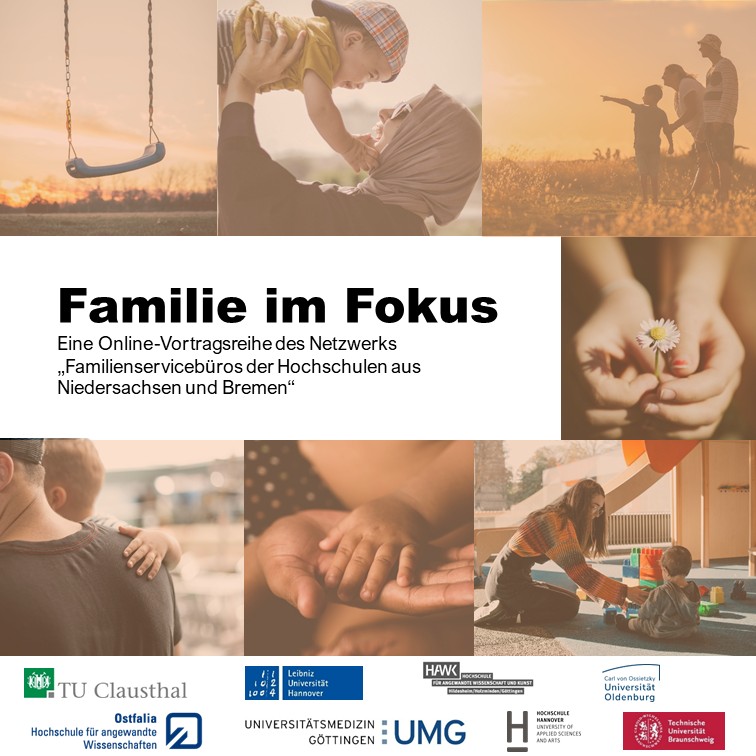 Darstellung verschiedenere Szenen in Sorgebeziehungen von Erwachsenen mit Kindern und Logos aller an der Veranstaltungsreihe beteiligten Hochschulen.