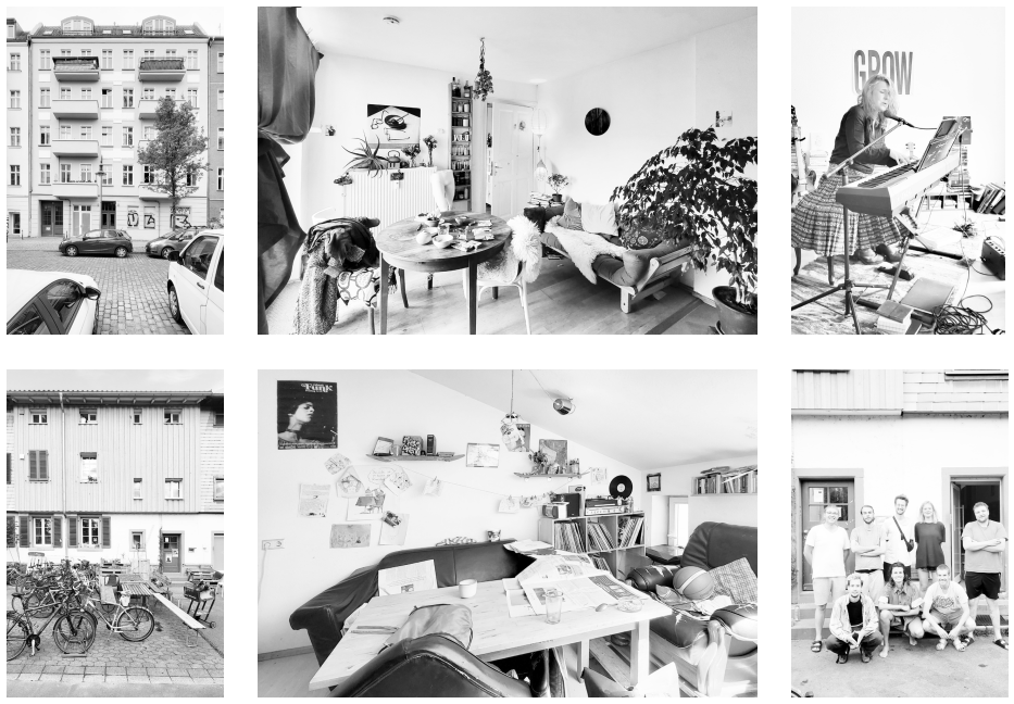 Sechs Bilder aus der Fotoreihe von Magdalena Bausch, die jeweils Außenansicht, Wohnzimmeransicht und Portärt der Bewohner*innen zeigen.