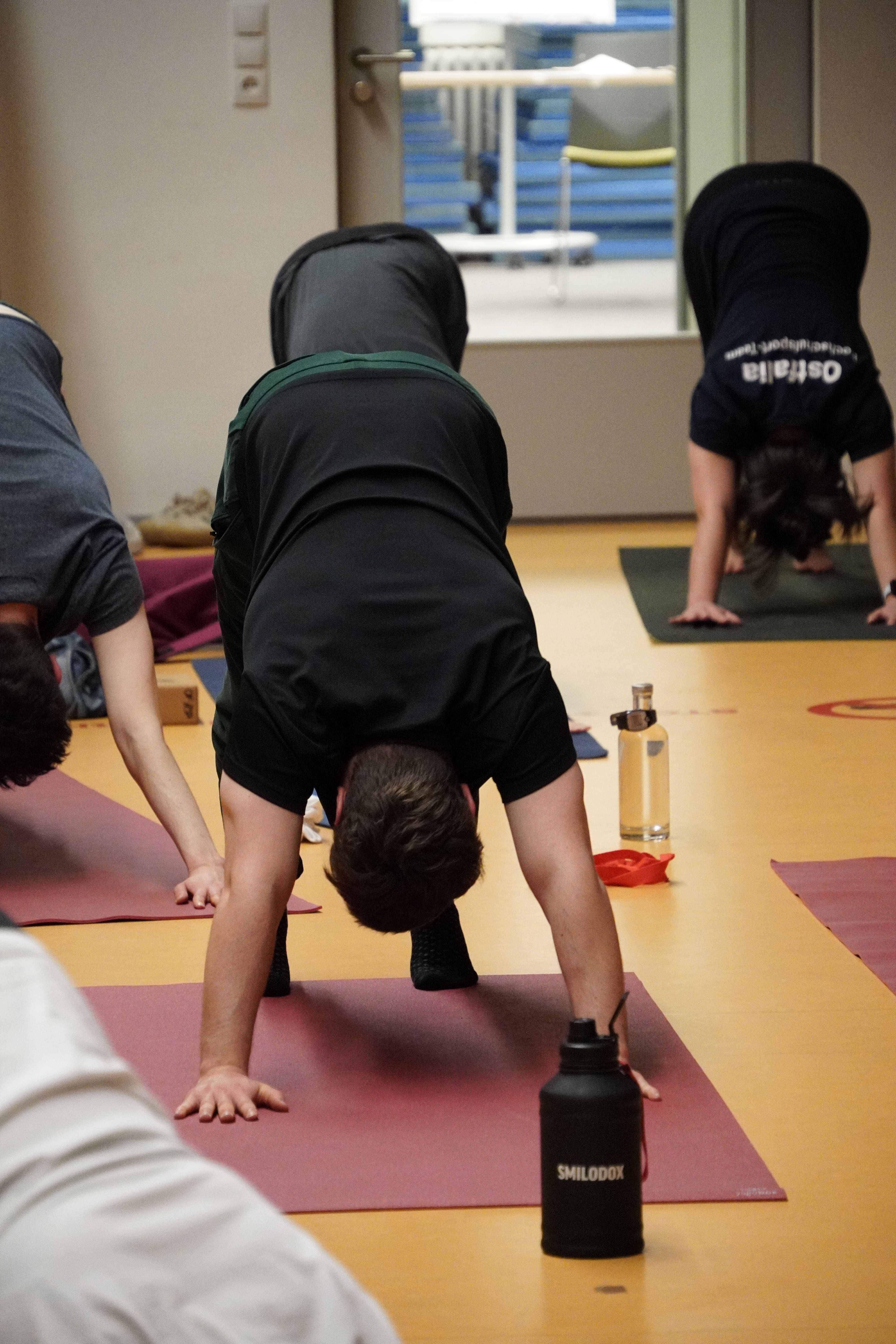 Yoga im Gymnastikraum: Teilnehmer*innen in dem herabschauenen Hund während einer Yoga-N8-Session.
