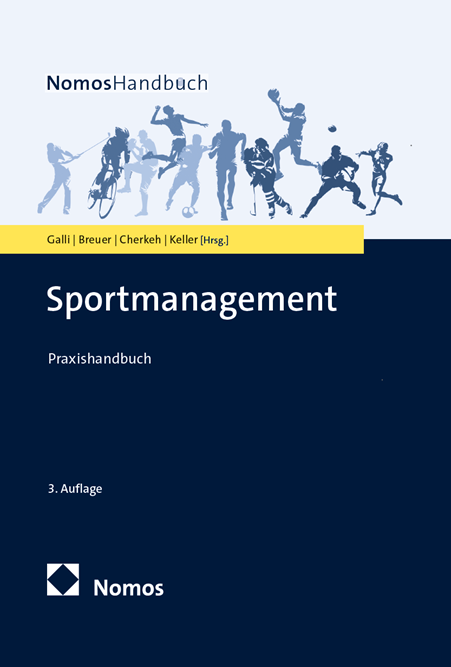 Buchcover mit Schriftzug "Sportmanagement. Praxishandbuch" auf dunklem Hintergrund. Darüber sind symbolhaft Sporttreibende dargestellt.